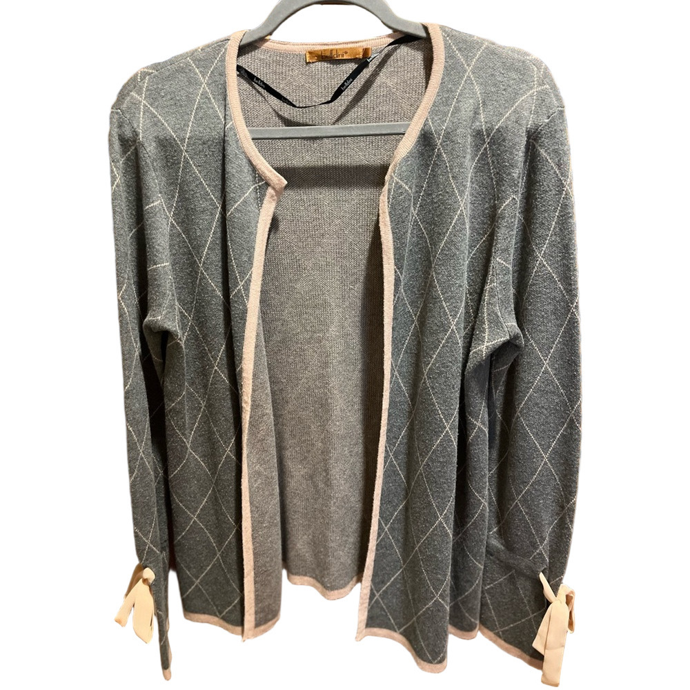 Belldini Gray Cardigan with Cream Trim and Bow Cuffs